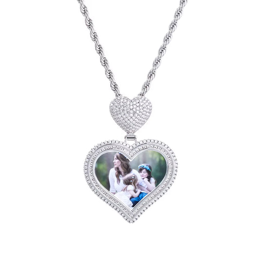 NUOYA Hot Sale Heart Hook Picture Memory Medallions Pendants Hiphop Bling Cubic Zircon Heart Photo Pendant Jewelry
