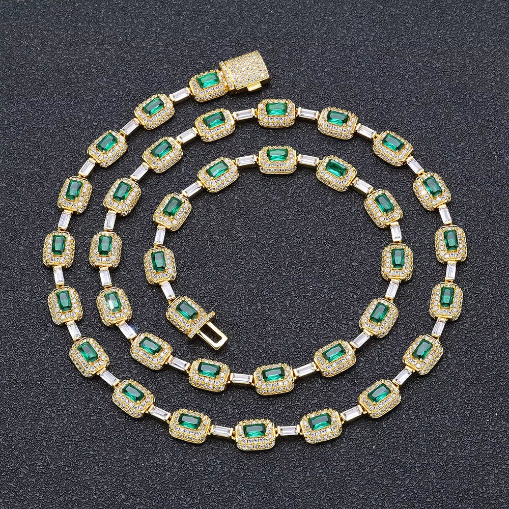 NUOYA Baguette Diamond Link Chain Necklace Silver Plated Micro Pave Emerald Zircon Bling Hip Hop Fine Jewelry