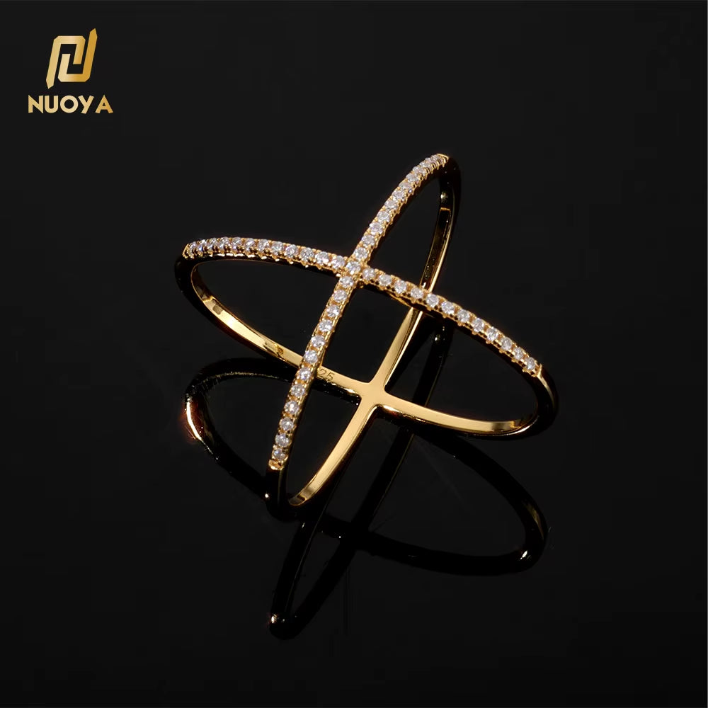 NUOYA 925 Silver X-Shape Ring Minimalist Hollow Out Pave VVS Moissanite Luxury Fine Jewelry Gift