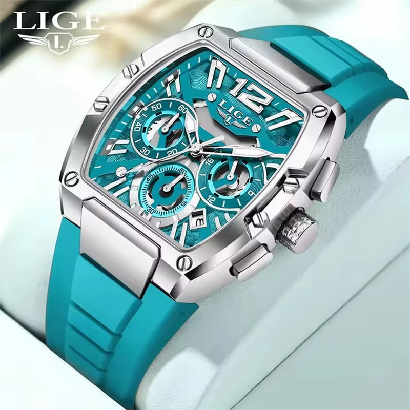 LIGE 89206 Men Wristwatches Creative Rectangle Watch for Man Sports Chronograph Luminous Date Clock Top Brand Hollow Watch Men