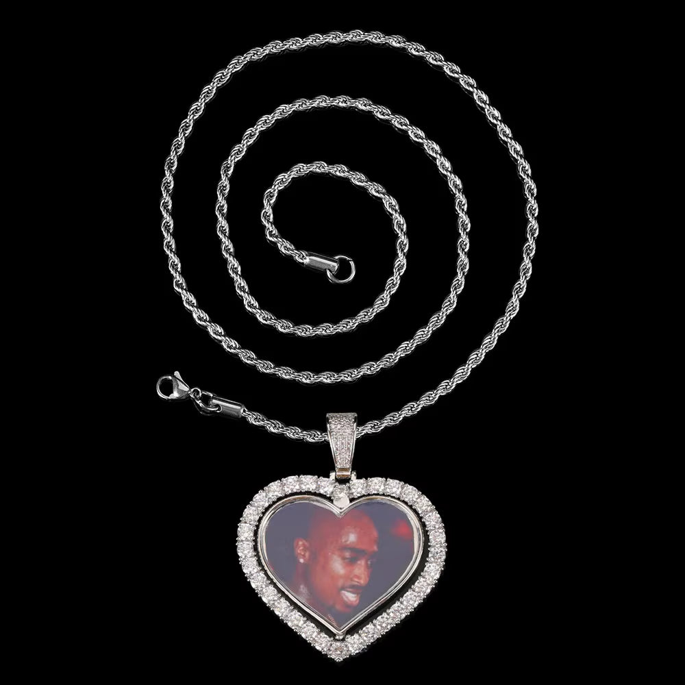 NUOYA Custom Rotating Heart Photo Pendant Iced Out Diamond Memory Picture Pendant Hip Hop Jewelry for Gifts
