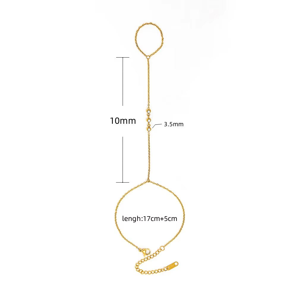 High-End 3 Stones Stainless Steel Hand Chain Tassel Bracelet Ring Dainty Zirconia Fashion Style Jewelry for Women