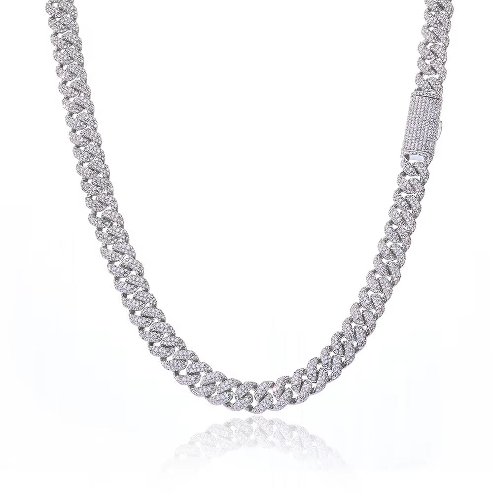 NUOYA 10Mm 925 Silver Flip Buckle 3 Rows Diamond Cuban Chain Iced Out VVS Moissanite Cuban Necklace Hip Hop Jewelry
