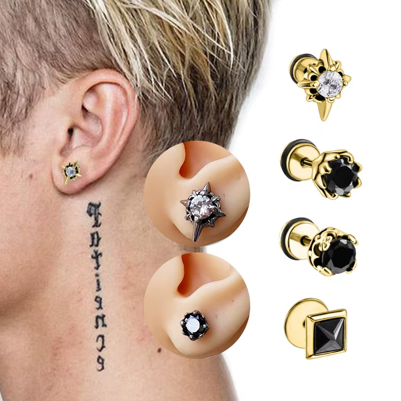 Wholesale Punk Style Single Zircon Prong Earrings Stainless Steel Vintage Obsidian Men Earrings