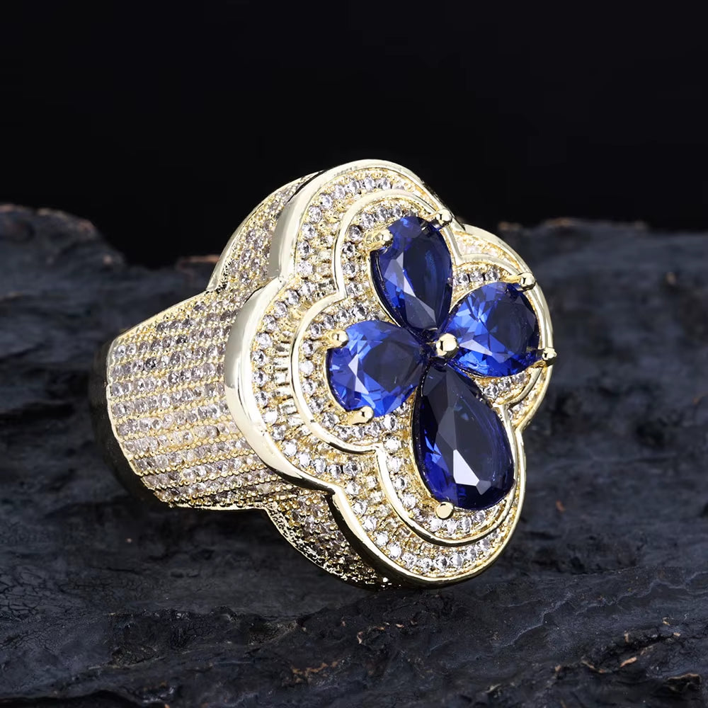 NUOAY Shiny Blue Gemstone Flower Shape Rings White Gold Plated Hip Hop Jewelry Iced Out Four Leaf Diamond Ring for Women