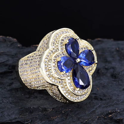 NUOAY Shiny Blue Gemstone Flower Shape Rings White Gold Plated Hip Hop Jewelry Iced Out Four Leaf Diamond Ring for Women