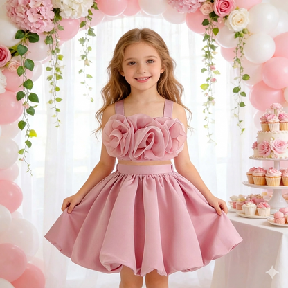 Robe de bal princesse rose pour petites filles, tenue d'anniversaire à fleurs pour enfants, en mousseline de soie, col rond, robe de soirée pour enfants