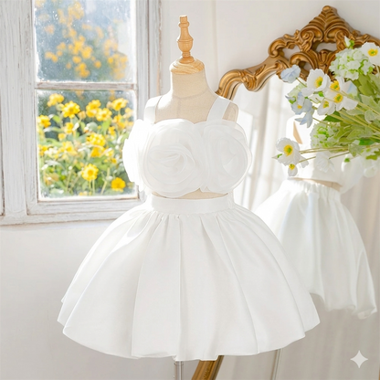Robe de bal princesse rose pour petites filles, tenue d'anniversaire à fleurs pour enfants, en mousseline de soie, col rond, robe de soirée pour enfants