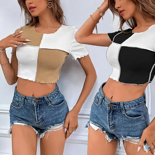 Damen Blumenmuster Kreuz Kurzarm Crop-Top (Sommer, Leicht)