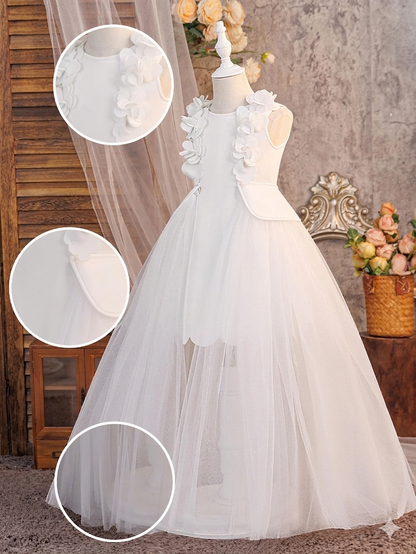 Robe de bal en Satin de princesse blanche pour enfants, robe de baptême, longueur aux genoux, avec nœud floral, col rond, pour fille, queue de concours, offre spéciale.
