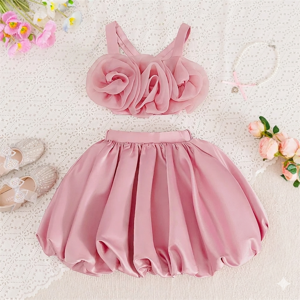 Robe de bal princesse rose pour petites filles, tenue d'anniversaire à fleurs pour enfants, en mousseline de soie, col rond, robe de soirée pour enfants