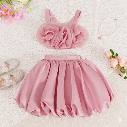 Robe de bal princesse rose pour petites filles, tenue d'anniversaire à fleurs pour enfants, en mousseline de soie, col rond, robe de soirée pour enfants