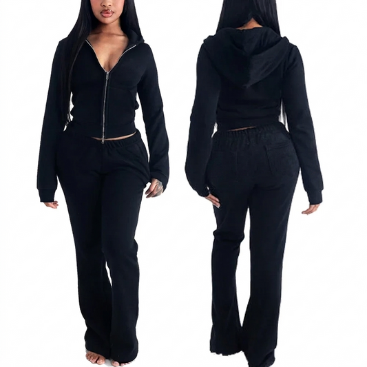 Women's Zipper Hoodie and Flare Pants Tracksuit Set