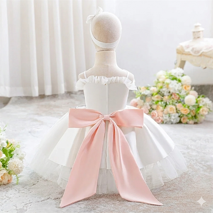 Girls Satin Floral Mesh Bow Summer Dress