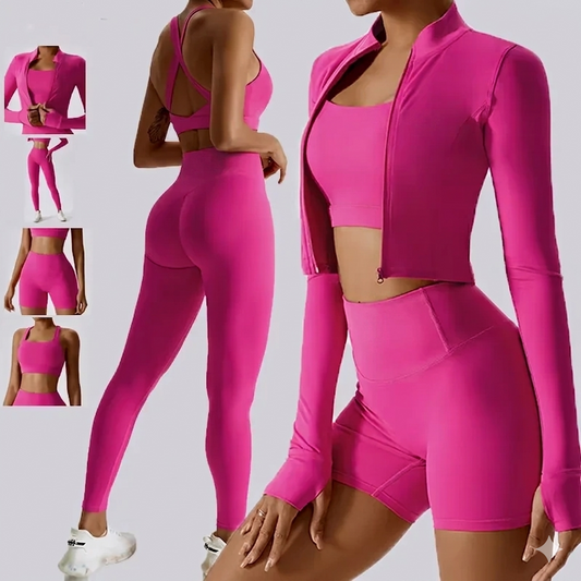 High-Stretch Zweiteiliges Crop-Top und Leggings Fitness-Set Damen Trainingsanzug Fuchsia
