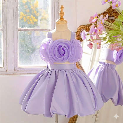 Robe de bal princesse rose pour petites filles, tenue d'anniversaire à fleurs pour enfants, en mousseline de soie, col rond, robe de soirée pour enfants