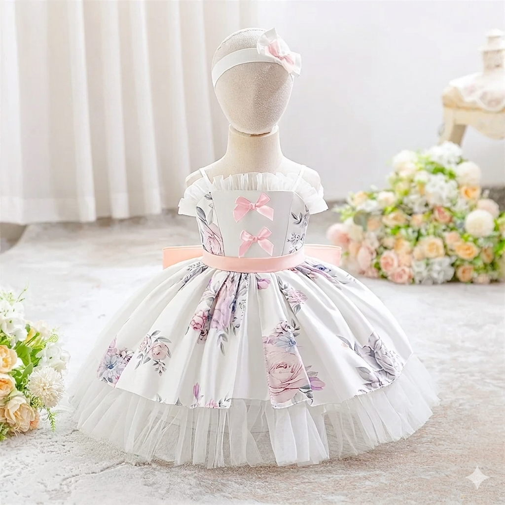 Girls Satin Floral Mesh Bow Summer Dress