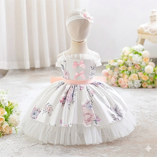 Girls Satin Floral Mesh Bow Summer Dress
