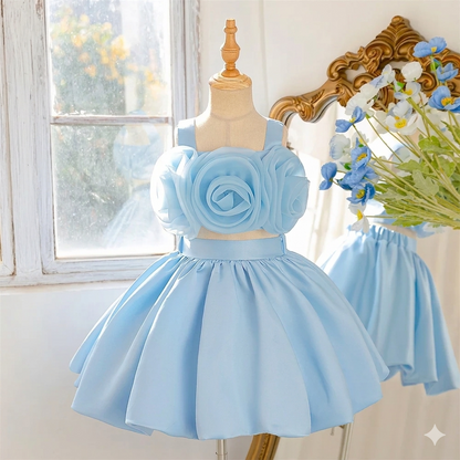 Robe de bal princesse rose pour petites filles, tenue d'anniversaire à fleurs pour enfants, en mousseline de soie, col rond, robe de soirée pour enfants