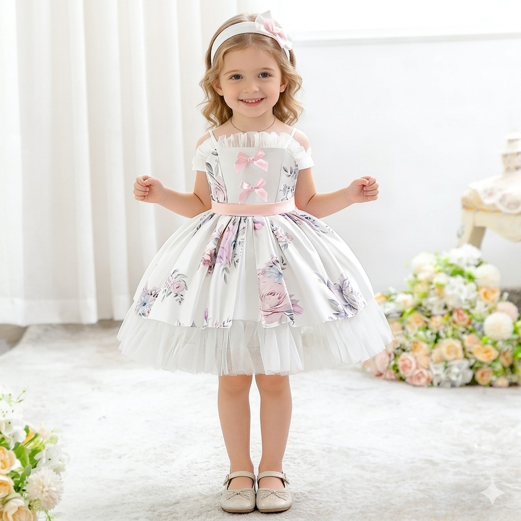 Girls Satin Floral Mesh Bow Summer Dress