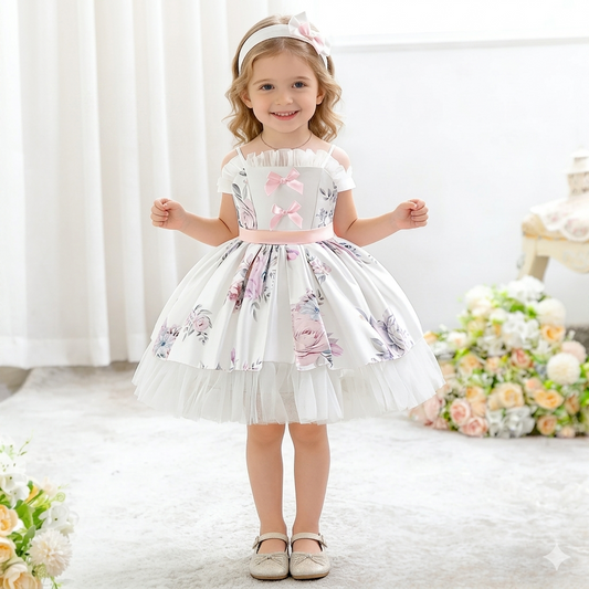 Girls Satin Floral Mesh Bow Summer Dress