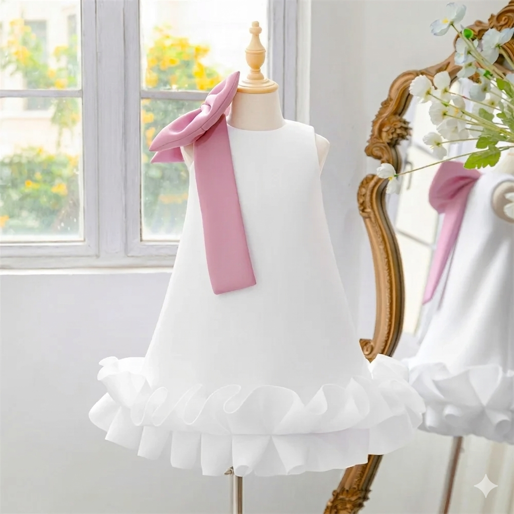 Abito da principessa in raso con fiocco floreale per colletto per neonati, stile dolce per feste di compleanno per ragazze, materiale a rete, abito estivo per bambini