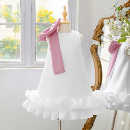 Abito da principessa in raso con fiocco floreale per colletto per neonati, stile dolce per feste di compleanno per ragazze, materiale a rete, abito estivo per bambini