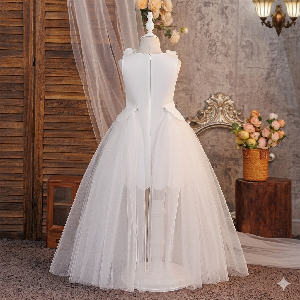 Robe de bal en Satin de princesse blanche pour enfants, robe de baptême, longueur aux genoux, avec nœud floral, col rond, pour fille, queue de concours, offre spéciale.
