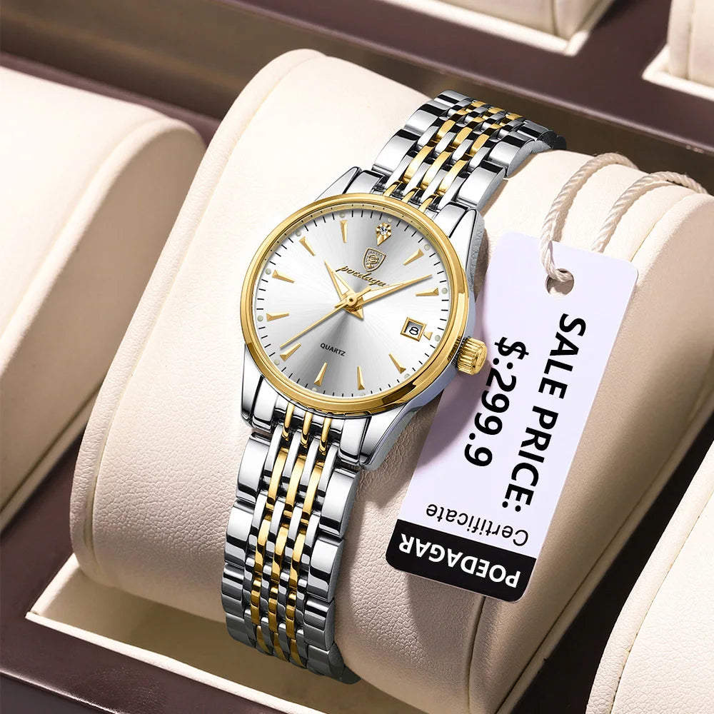 Poedagar 266 Women's Luxury Quartz Watch – Stainless Steel Band, Waterproof, Luminous, Date