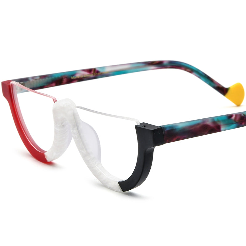Retro Half-Round Acetate Semi-Rimless Optical Glasses Frame - Red Black - MCROONS