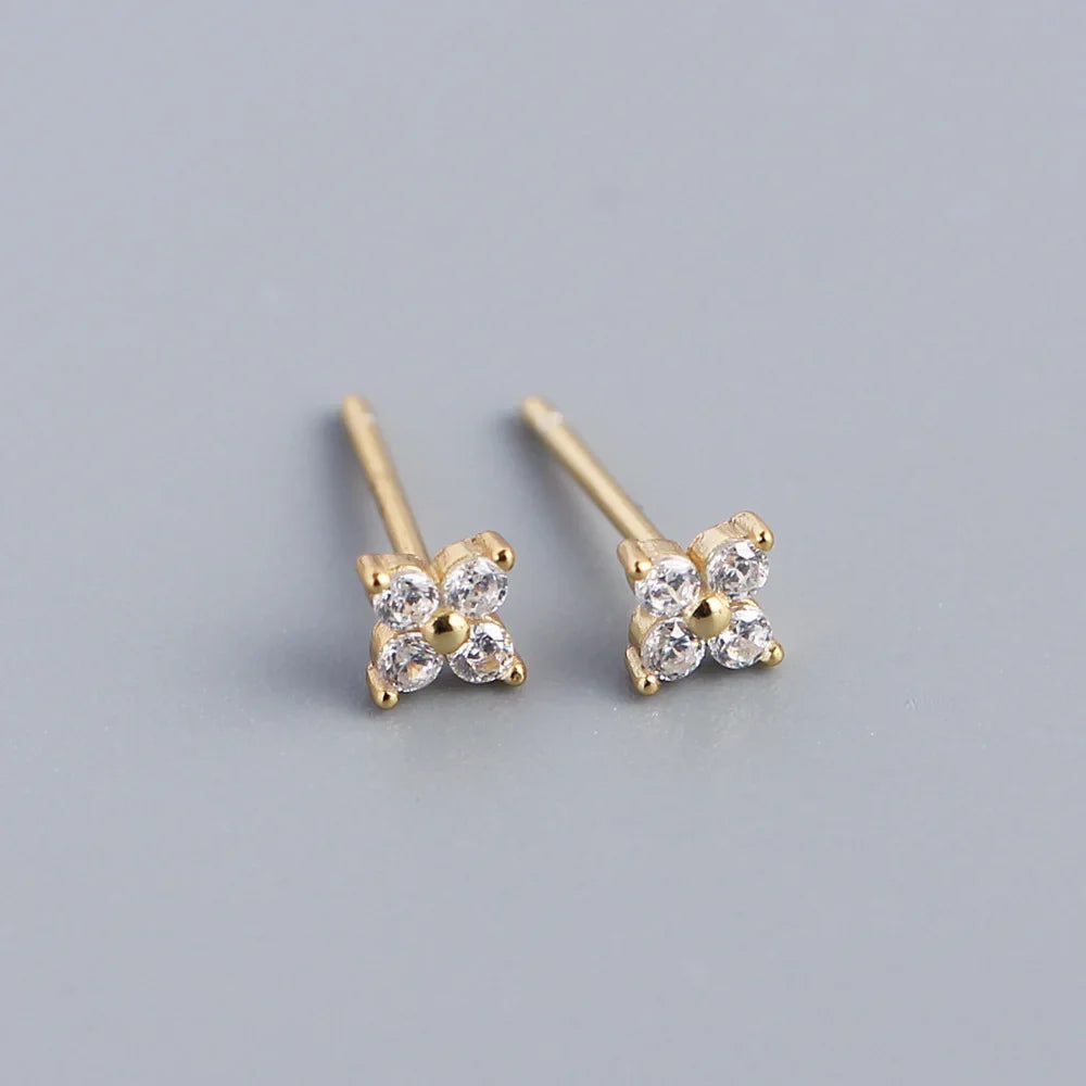 KR Simple Diamond S925 Silver INS Four Leaf Flower Earrings Sweet and Small Colorful Flower Earrings