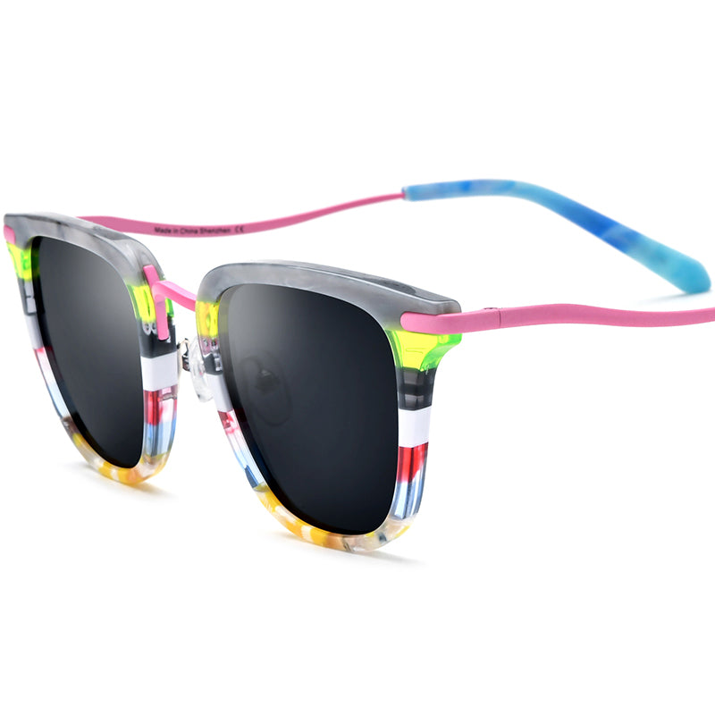 Polarised Acetate Titanium Square Sunglasses - Pink Gray Lens - MCROONS