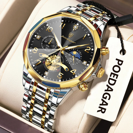 Poedagar 939 Men's Luxury Chronograph Quartz Watch – Stainless Steel Band, Waterproof, Luminous