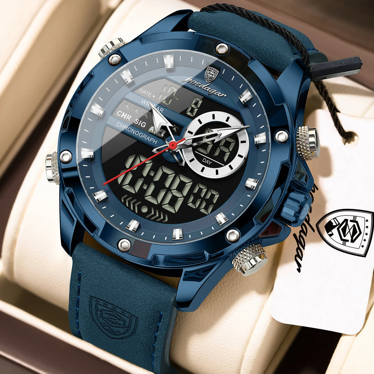 Poedagar E129 Men's Luxury Chronograph Quartz Watch – Leather Strap, Waterproof, Luminous, Date