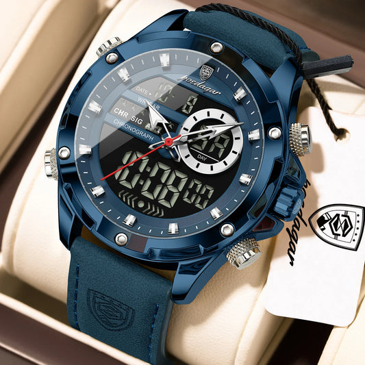 Poedagar E129 Men's Luxury Chronograph Quartz Watch – Leather Strap, Waterproof, Luminous, Date