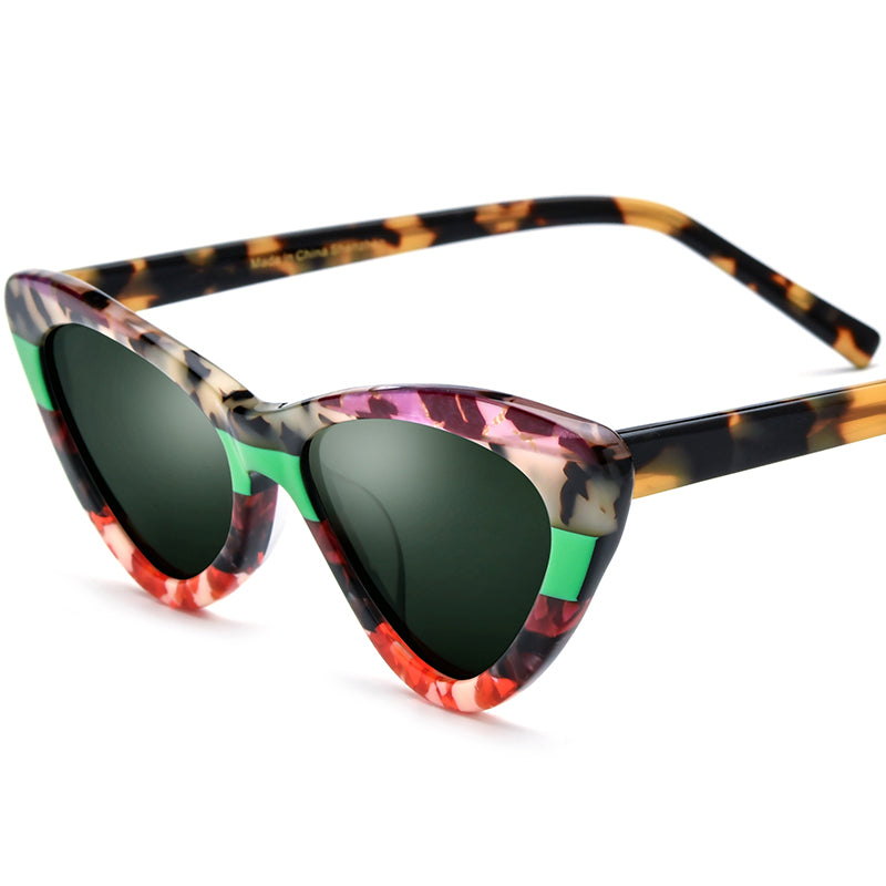 Multicolour Cat Eye Acetate Mirrored Polarized Sunglasses UV400 - Leopard Dark Green Lens - MCROONS