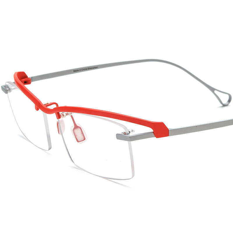 Semi-Rimless Titanium Square Optical Glasses Frame Vintage - Matte Red Silver - MCROONS