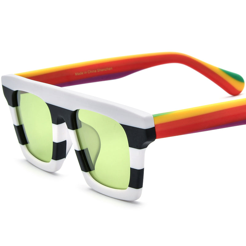 Matte Acetate Square Polarized Sunglasses Vintage - Black White Green Lens - MCROONS