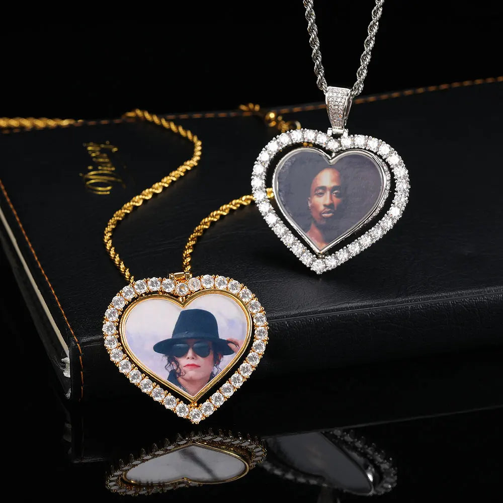 Iced Out Diamond Memory Photo Pendant Hip Hop Jewelry Custom Rotating Heart Photo Pendant Picture Necklace