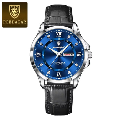 Poedagar 855 Men's Luxury Quartz Watch – Leather Strap, Waterproof, Luminous, Date