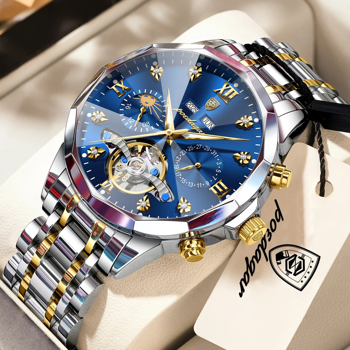 Poedagar 1422 Men's Luxury Automatic Mechanical Watch – Stainless Steel Band, Waterproof, Luminous, Date