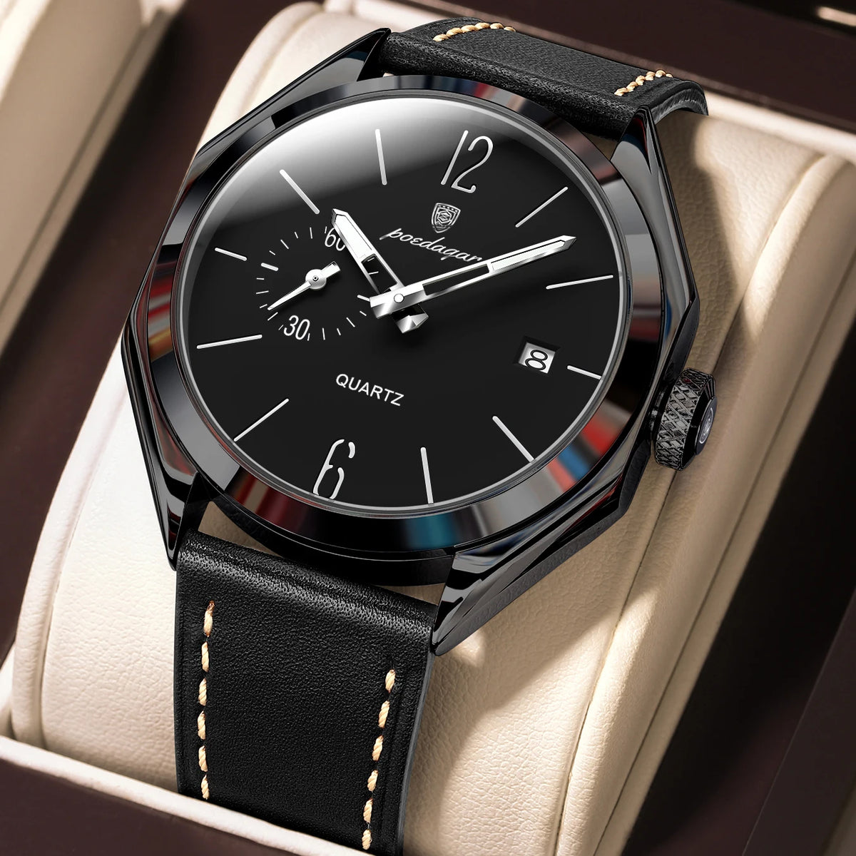 Poedagar 689 Men's Luxury Quartz Watch – Leather Strap, Waterproof, Luminous, Date