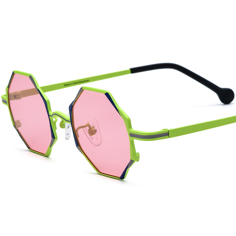 Colourful Titanium Octagon Sunglasses Polarized - Green Pink Lens - MCROONS