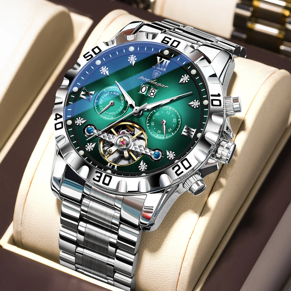 Poedagar 1418 Men's Luxury Automatic Mechanical Watch – Stainless Steel Band, Waterproof, Luminous, Date