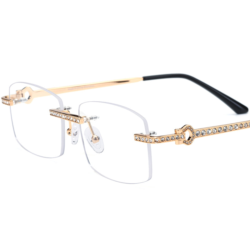 Designer Rimless Diamante Square Optical Glasses Frame - Gold - MCROONS