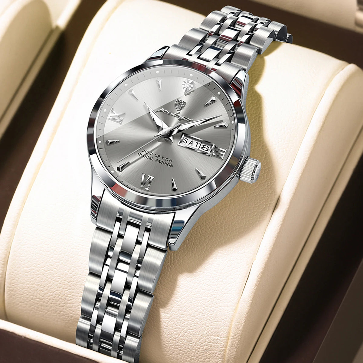Poedagar 504 Women's Luxury Quartz Watch – Stainless Steel Band, Waterproof, Luminous, Date