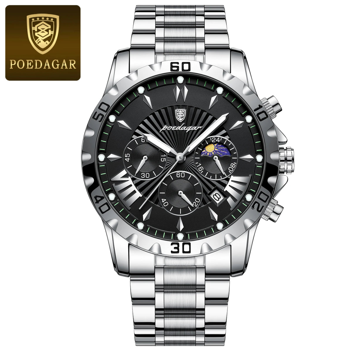 Poedagar 968 Men's Luxury Chronograph Quartz Watch – Stainless Steel Band, Waterproof, Luminous, Date