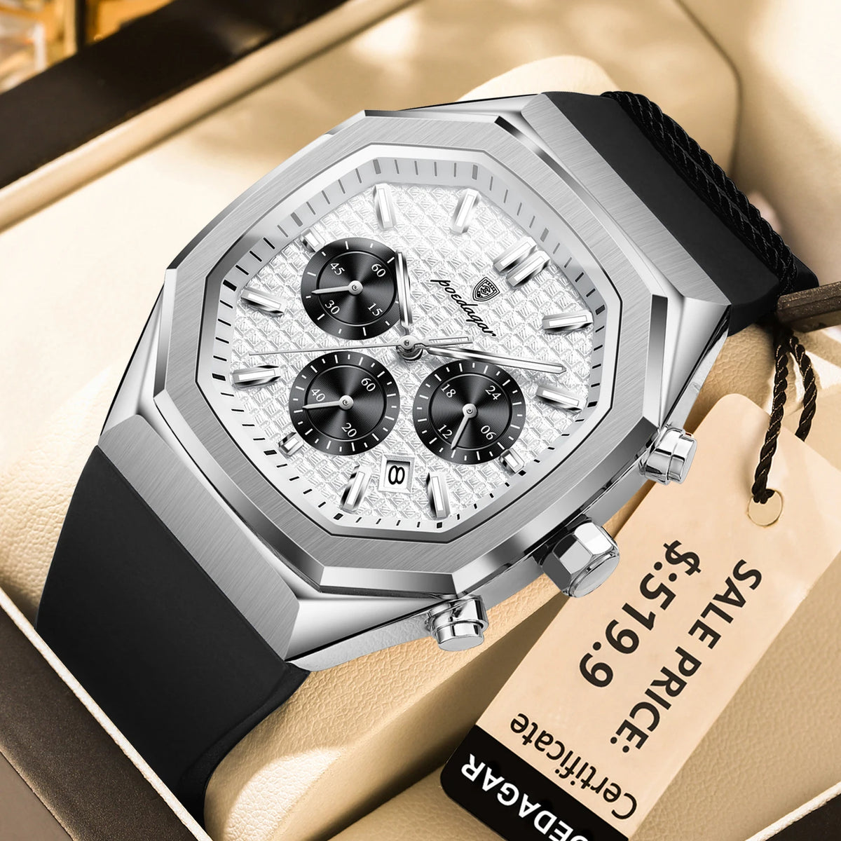 Poedagar 893 Men's Luxury Chronograph Quartz Watch – Silicone Strap, Waterproof, Luminous, Date