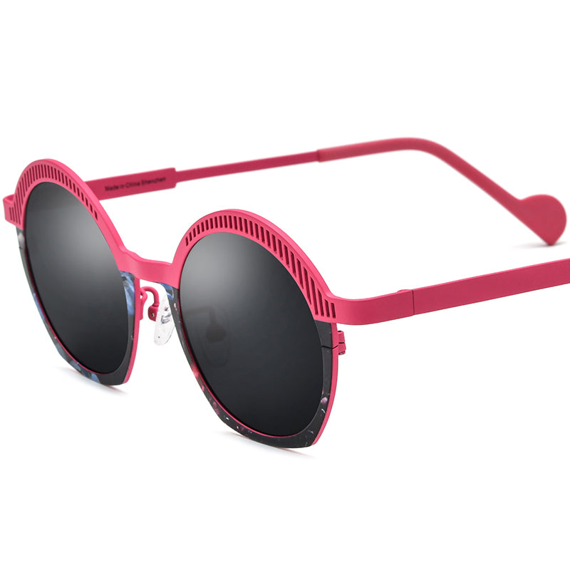 Retro Oval Titanium Polarized Sunglasses UV400 - Pink Gray Lens - MCROONS