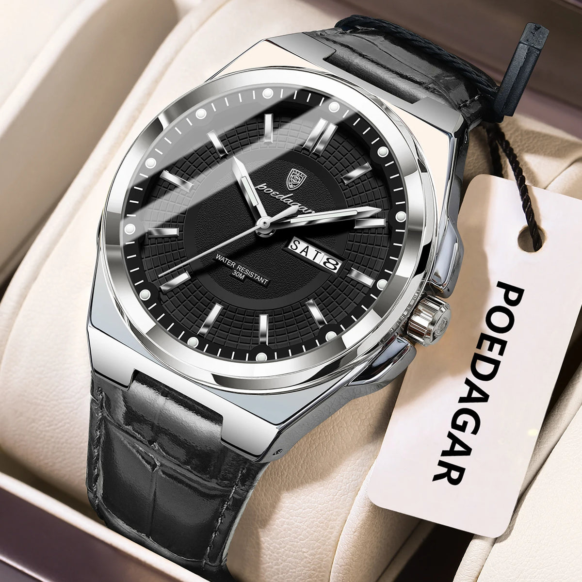 Poedagar 896 Men's Luxury Quartz Watch – Leather Strap, Waterproof, Luminous, Date